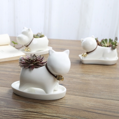 Cross-Border White Porcelain Small Animal Succulent Bonsai Wholesale Creative Cartoon Porcelain Flowerpot with Tray Foreign Trade Ornaments