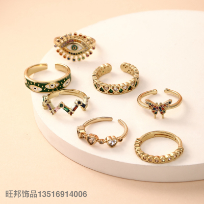 Cross-Border New Arrival Ins Jewelry Small Fresh Heart Butterfly Eye Ring Copper Micro Inlaid Zircon Color Retention Ring