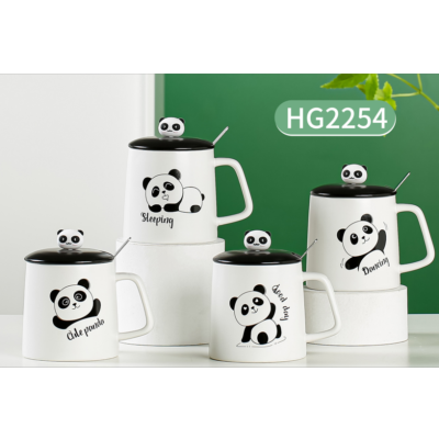 Cute Panda Ceramic Cup Office Water Glass Student Mug Coffee Cup with Cover with Spoon Stereo Silicone Cup Cover