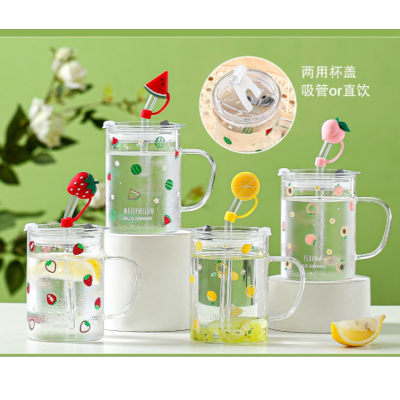 Internet Celebrity Glass Household Summer Cup with Lid Juice Cup Good-looking Fruit Creative with Handle