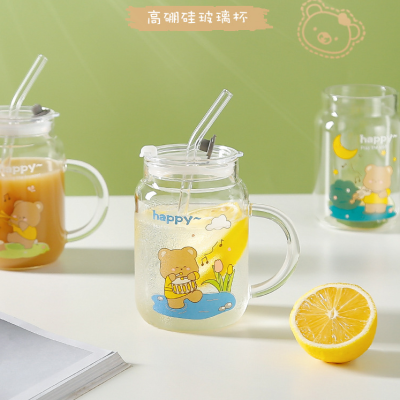 Creative Cute Bear Glass Borosilicate Scale Glass with Lid and Straw Home Office Gift