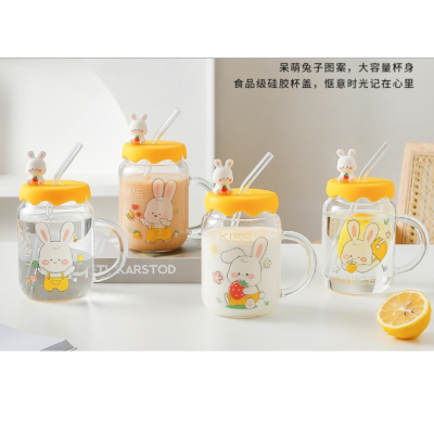 Creative Cartoon Rabbit High Shed Straw Glass Cup High Temperature Resistant Office Cup Home Breakfast Cup Gift Cup