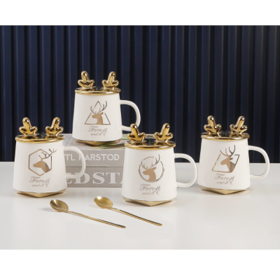 Nordic Creative Antlers Ceramic Mug Big Belly Cup Simple Elk Style Electroplating Cup Lid Christmas Gift Gift