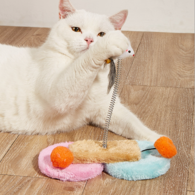 Factory Wholesale Pet Cat Supplies Funny Cat Plush Circle Plate Type Spring Belt Mouse Cat Toy