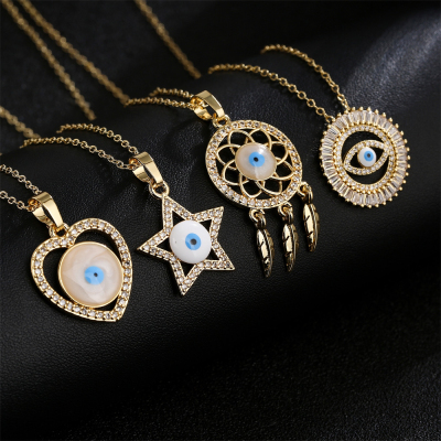 Cross-Border Hot Products Light Luxury Retro Style Copper Cast Zircon Dripping Oil Eye Geometric Shape Pendant Necklace Factory Direct Sales