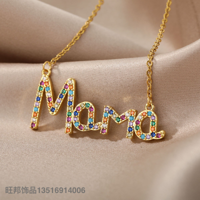 Cross-Border Mother's Day Micro Inlaid Zircon Love Necklace Women's Stainless Steel Cross Chain Colorful Crystals Mom Pendant Ins Style Accessories