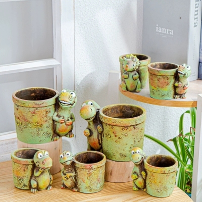 Factory Direct Supply Cartoon Dinosaur Succulent Flower Pot Creative Non-Porous Breathable Cement Succulent Plant Laozhuang Pot Wholesale