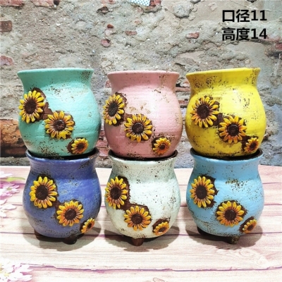 New Korean Style Painted Ceramic Succulent Bonsai Container Creative Three-Dimensional Sunflower Old Pile Large Flower Pot Wholesale