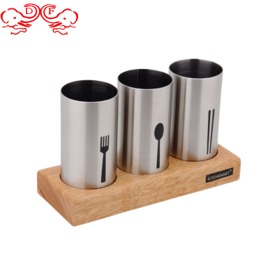 Df99448 Korean Stainless Steel Wooden Base Chopsticks Holder Kitchen Wooden Rack Chopstick Canister Storage Chopsticks Box Set Draining Bucket