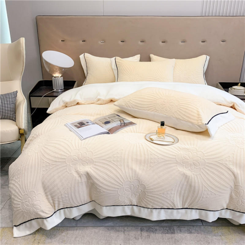 yiwu Snow Pigeon Bedding Home Textile 2022 New High Weight Three-Dimensional Relief Milk Velvet Four-Piece Set-Beige