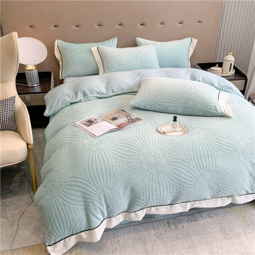 yiwu snow pigeon bedding 2022 new heavy weight three-dimensional relief milk fiber four-piece set-light green