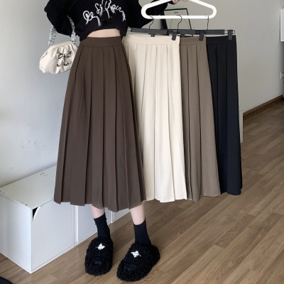 Women's Coffee Pleated Skirt with Shirt, Autumn and Winter High Waist A- line Skirt Mid-Length Skirt, 2022 New