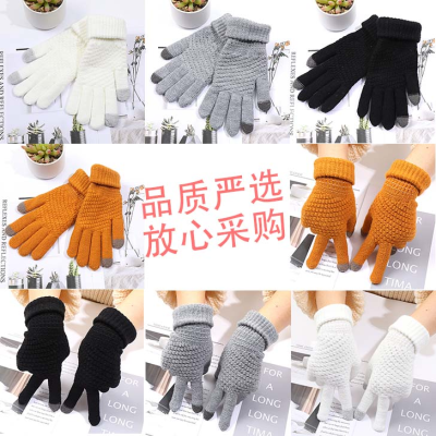 Winter New Knitted Solid Color with Fur Warm Student Gloves Men's and Women Outdoor Riding Touch Screen Jacquard Gloves