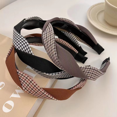 Grid hair hoop female nettle hair hoop braided wide-brimmed simple hair clip high-grade hair card houndstooth grid hair 