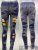   Men's Pants New Spring Punk Men's Jeans Embroidered Rose Denim Trousers Mid Waist Casual 0791