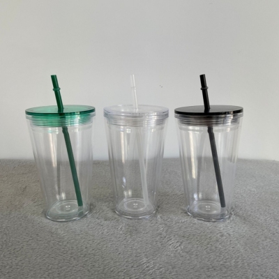 16Oz Double Acrylic Flash Plastic Cup Cup with Straw Sealed Leak-Proof Coffee Cup Drinking Cup Outdoor Portable H