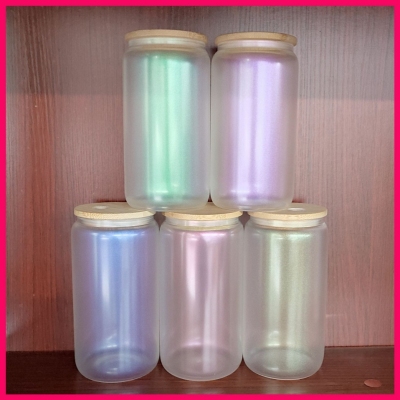 Sublimation Glass 16Oz Rainbow Paint Blank Coating Mason Cup Can Rainbow Thermal Transfer Printing Borosilicate