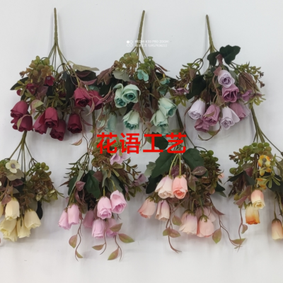 2023 New Single Branch Flower 32cm7 Fork Autumn Small Rose Bud Combination Artificial Flower Artificial Artificial Flower Ornament Fake Flower